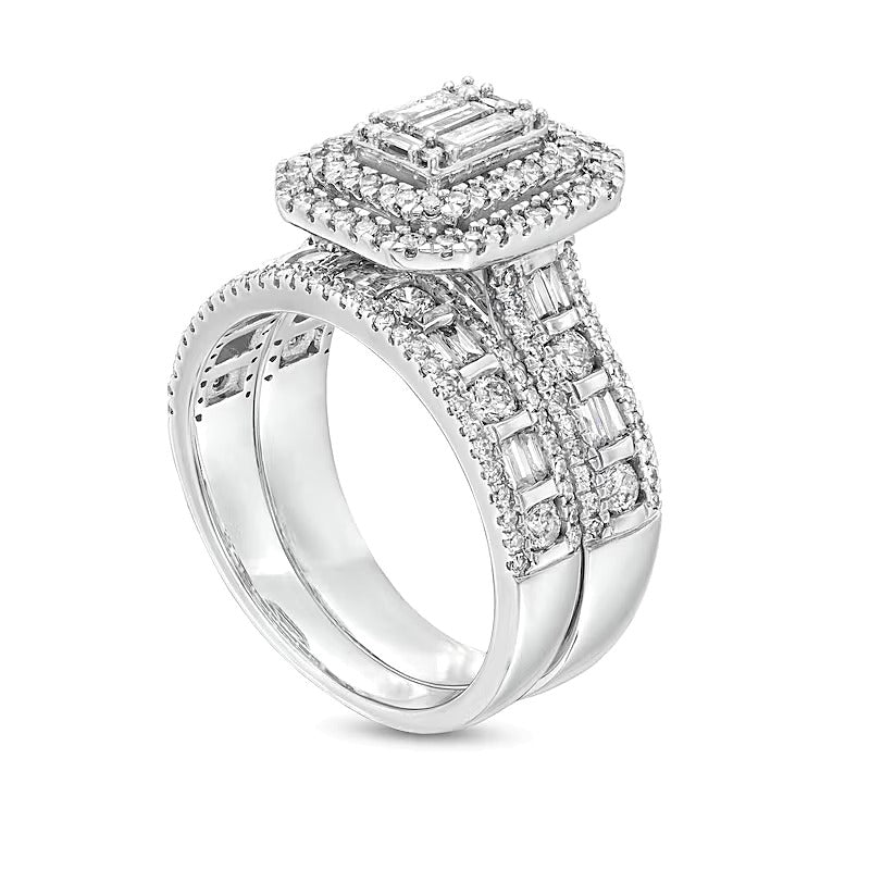 1.5 CT. TW Emerald-Shaped Baguette and Round Multi-Diamond Double Frame Bridal Set in 14K White Gold