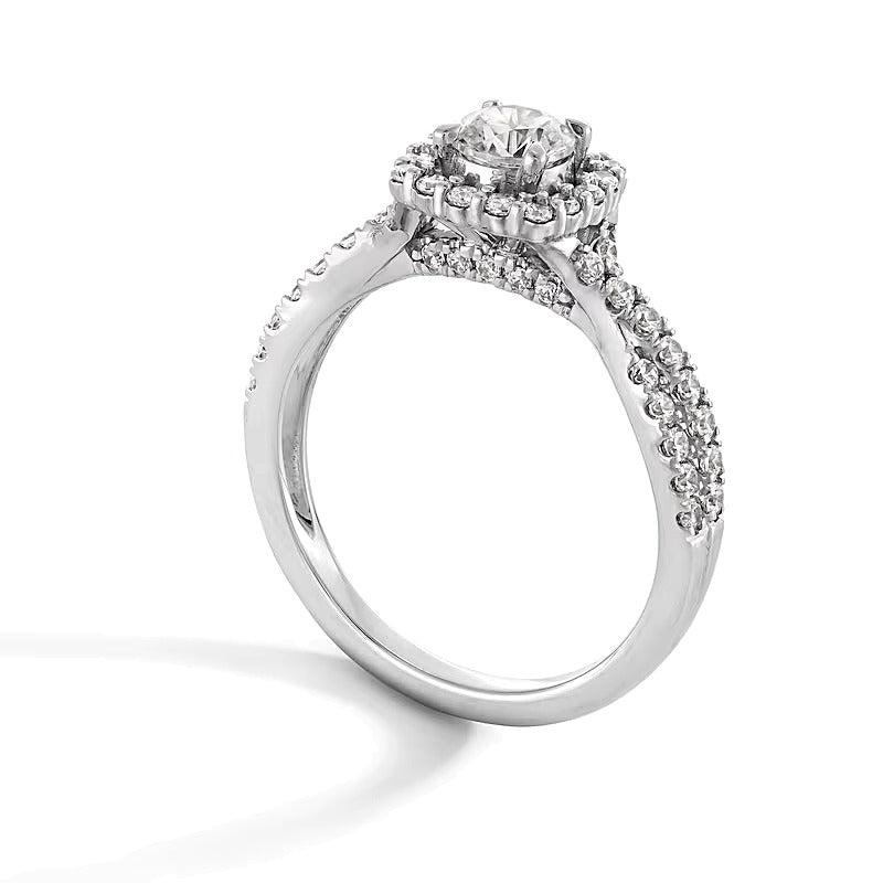 1.0 CT. TW Lab-Grown Diamond Cushion Frame Crossover Shank Engagement Ring in 14K White Gold (F/SI2)