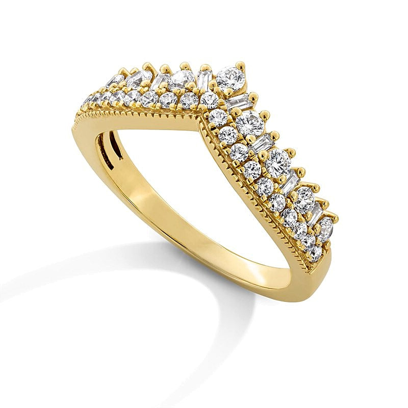 0.63 CT. TW Baguette and Round Diamond Double Row Chevron Vintage-Style Anniversary Band in 14K Gold