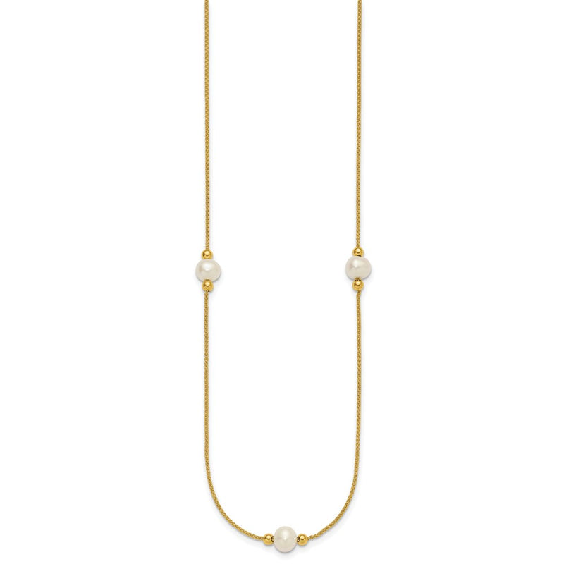 10K Yellow Gold Polished 8-9mm Semi-Round White Freshwater Cultured Pearl 3-Station 18 Inch Necklace