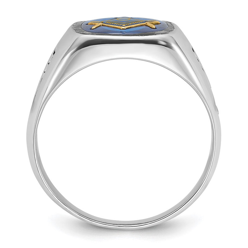 10K White Gold Men'S Polished And Grooved With Black Enamel Imitation Blue Spinel Masonic Ring