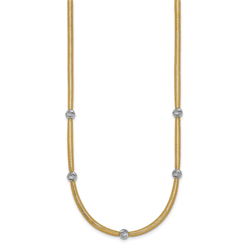 14K Yellow Gold Polished with Rhodium 5-Station Diamond-cut Beads 4mm Flexible Mesh 18 Inch Necklace