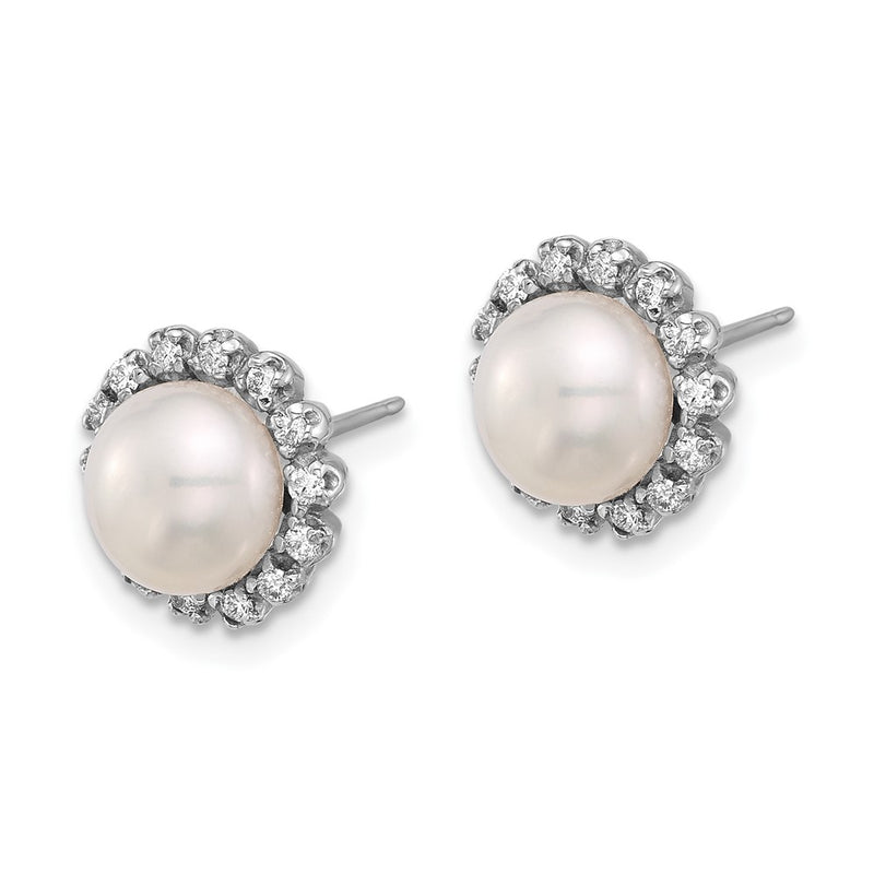 14K White Gold 7-8mm White Button Freshwater Cultured Pearl and .28 Carat Diamond Halo Post Earrings