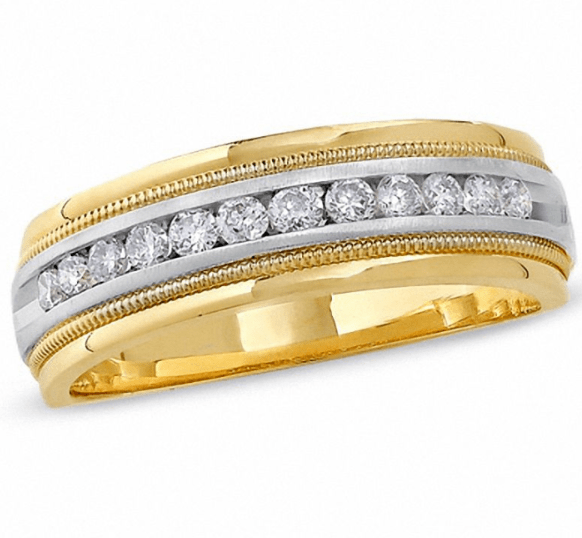 $1500 Men's 1/2 CT. Diamond Channel Milgrain Band in 14K Two Toned Gold