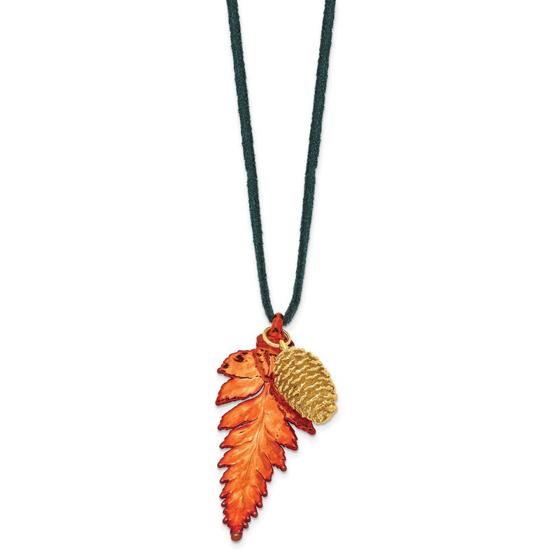 Fashion Iridescent Copper Real Fern Leaf And 24K Gold Dipped Pine Cone 20 Inch Leather Cord Necklace