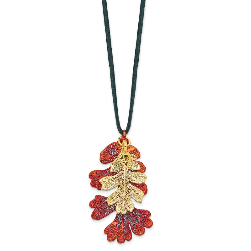 Fashion Iridescent Copper And 24K Gold Dipped Double Real Oak Leaves 20 Inch Leather Cord Necklace