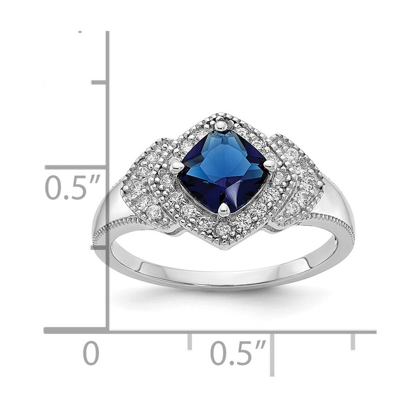 Sterling Silver Cheryl M Rhodium-Plated Fancy Cushion-Cut Blue Glass And Brilliant-Cut White Cz Ring