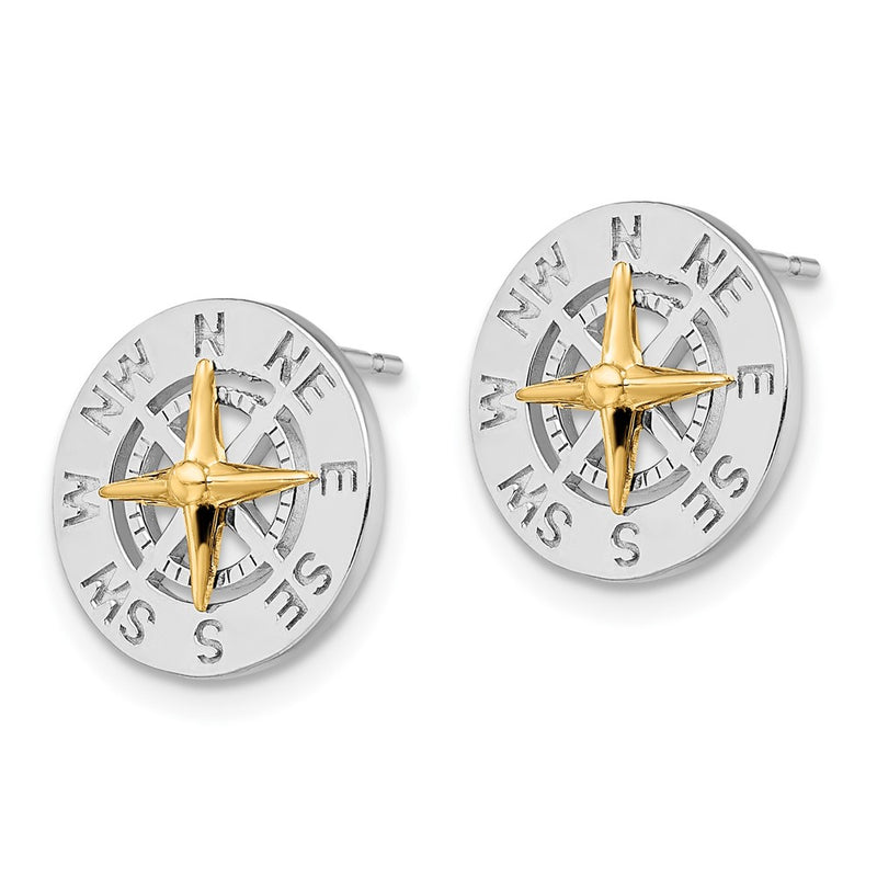 Silver/14K Two-Tone De-Ani Sterling Silver Rhodium-Plated Mini Compass With 14K Needle Post Earrings