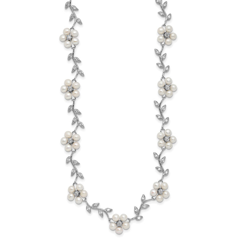 Sterling Silver Rhodium-Plated Cz Vine Pattern And Fresheater Cultured Pearl Floral 16 Inch Necklace