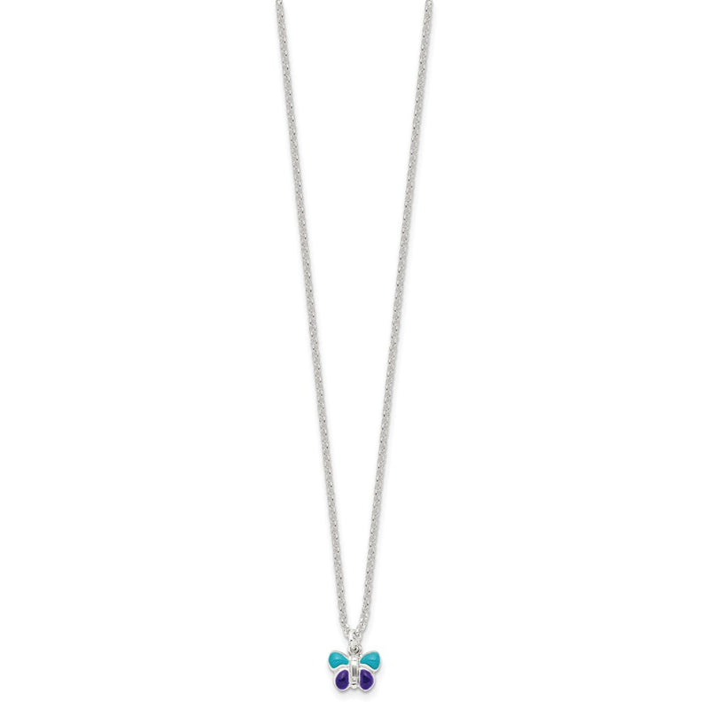 Sterling Silver Polished Blue & Purple Enameled Butterfly With 1.5Inch Extension Children'S Necklace