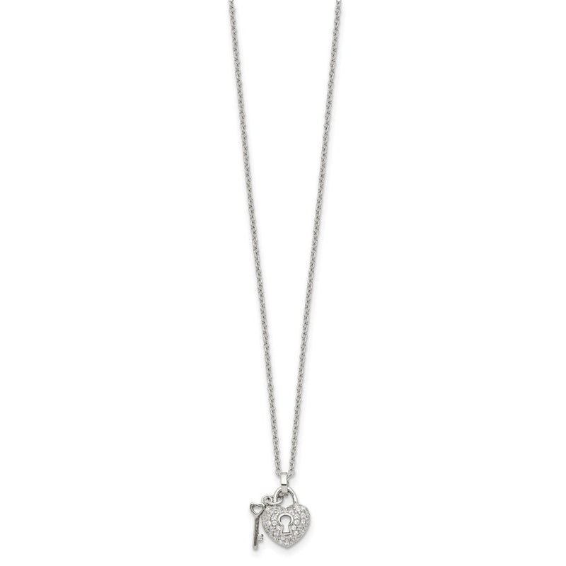 Sterling Silver Rhodium Plated Polished Key And Cz Lock 16.5 Inch Necklace With 2 Extension