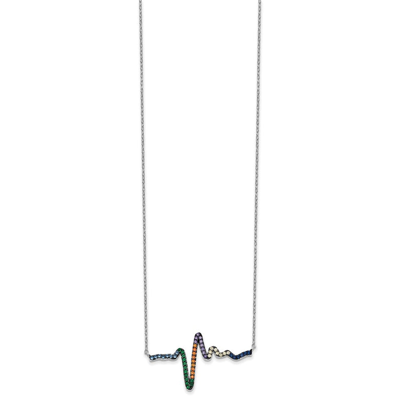 Sterling Silver Prizma Rhodium-Plated 18 Inch Clasp Colorful Cz Heartbeat Necklace With 1 Extender