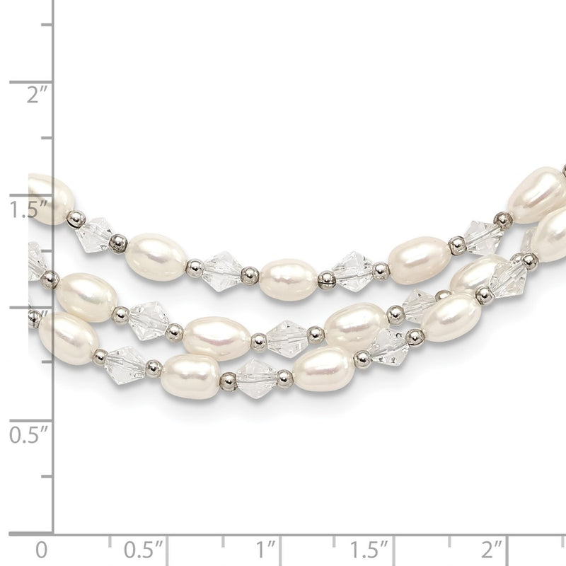 Sterling Silver 4-5mm Freshwater Cultured Pearl & Crystal Bead 3-Strand W/ 2In Ext Necklace