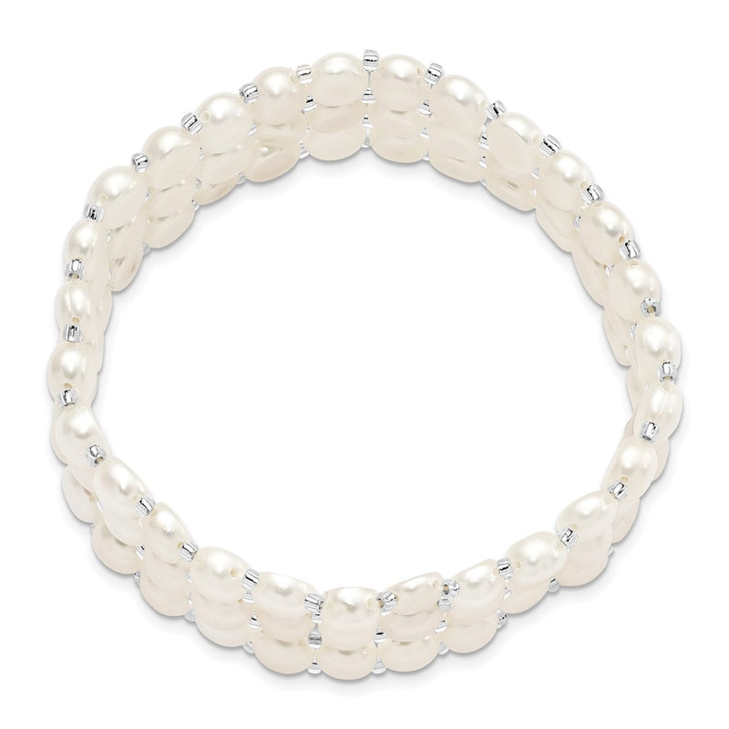 Fashion 6-7mm White Button Freshwater Cultured Pearl And Glass Beaded 3-Row Stretch Bracelet