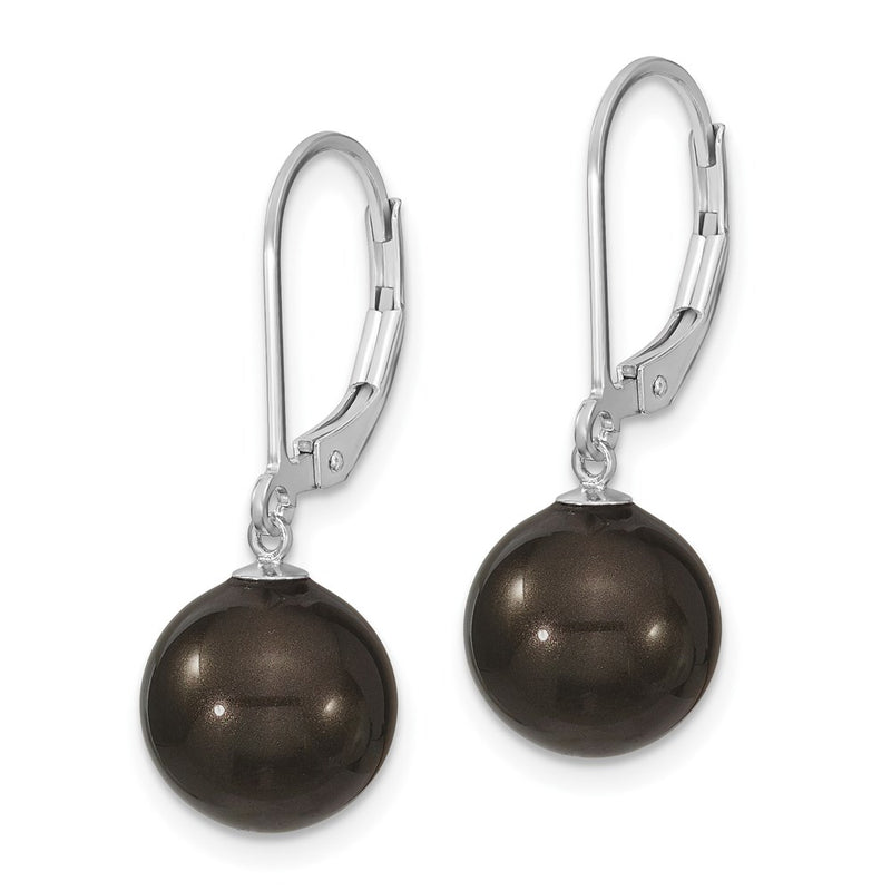Sterling Silver Majestik Rhodium-Plated 10-11mm Black Imitation Shell Pearl Leverback Dangle Earring