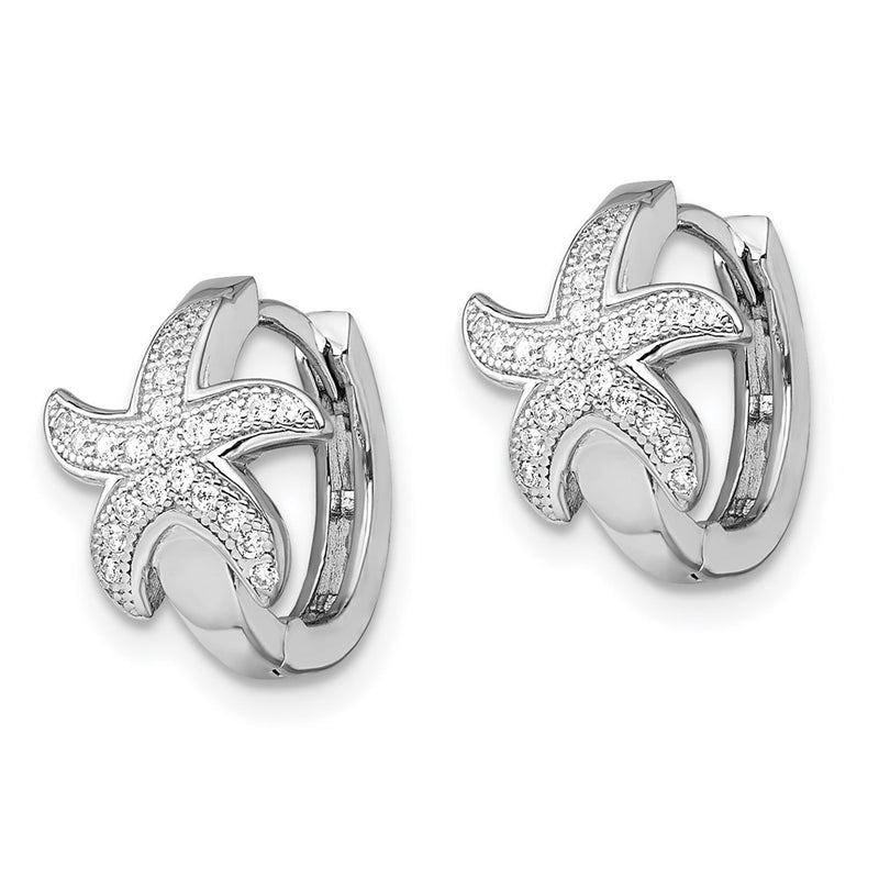 Sterling Silver Brilliant Embers Rhodium-Plated 44 Stone Micro Pav Cz Starfish Hinged Hoop Earrings