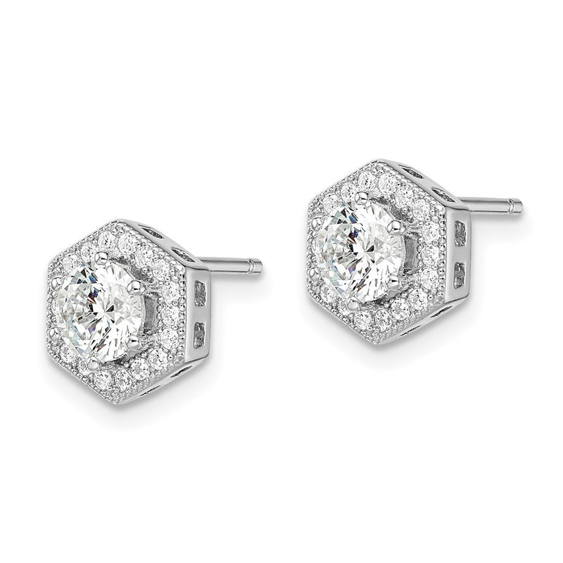 Sterling Silver Brilliant Embers Rhodium-Plated 38 Stone Micro Pav Cz Halo Hexagon Post Earrings