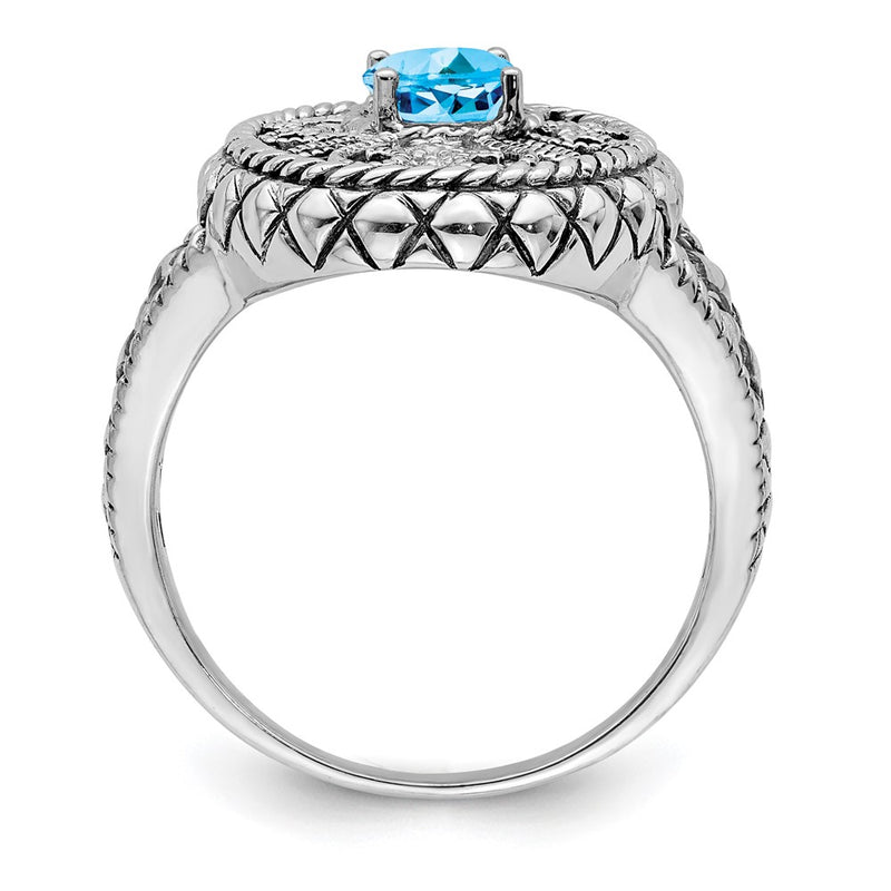 Silver/14K Two Tone Sterling Silver Rhodium 14K Accent Blue Topaz & Cz Oval Fancy Ring (Size 7 Only)