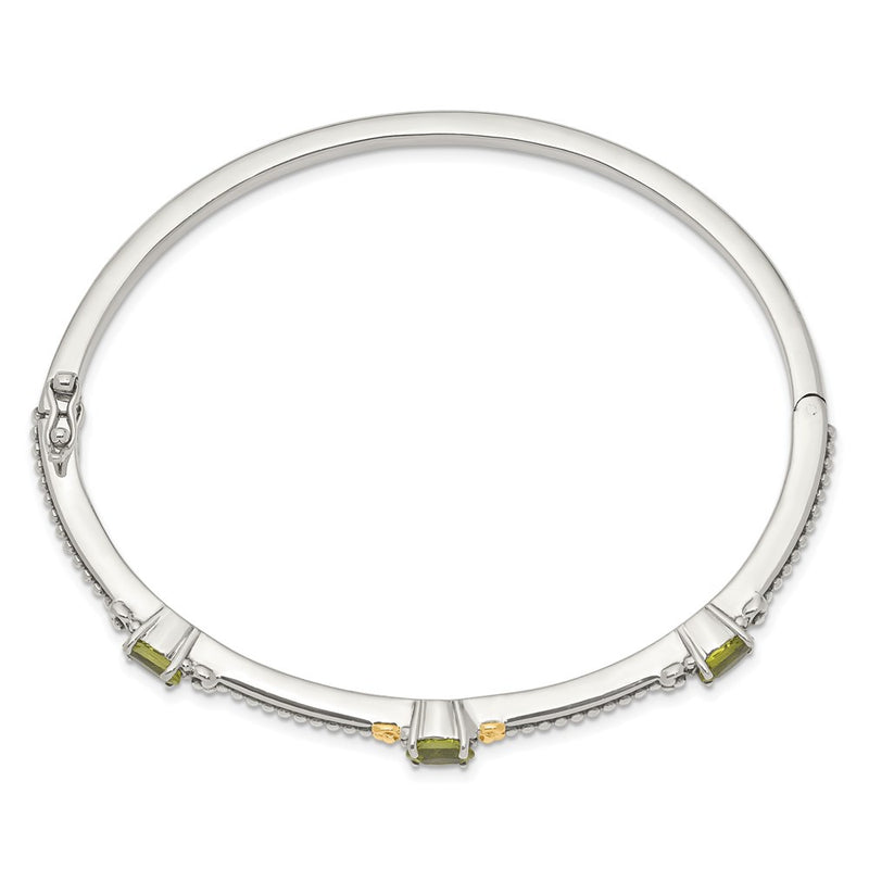 14K/Silver Two Tone Shey Couture Sterling Silver With 14K Accent Antiqued Oval Peridot Hinged Bangle