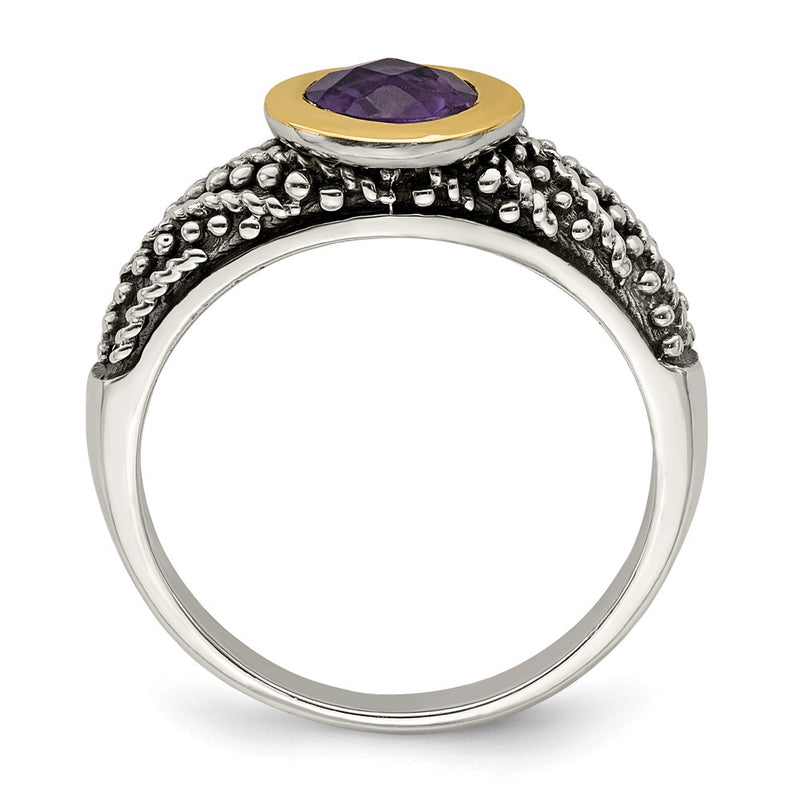 14K/Silver Two Tone Shey Couture Sterling Silver With 14K Accent Antiqued Round Bezel Amethyst Ring
