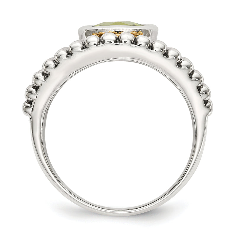 14K/Silver Two Tone Shey Couture Sterling Silver With 14K Accent Antiqued Cushion Bezel Peridot Ring