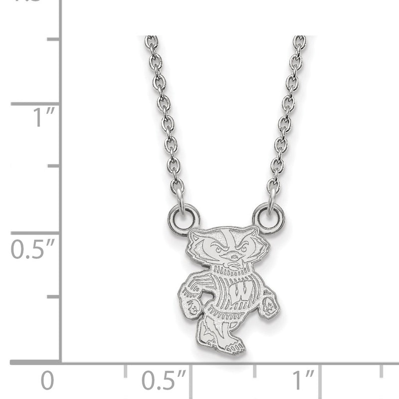 Sterling Silver Rhodium Plated Logoart University Of Wisconsin Badger Small Pendant 18 Inch Necklace