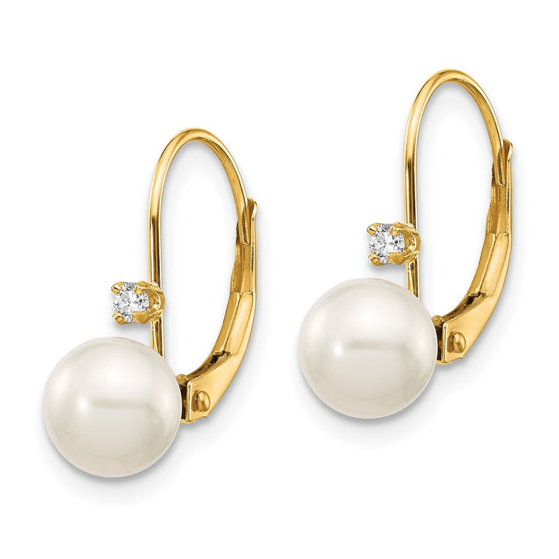 14K Yellow Gold 6 7mm White Round Freshwater Cultured Pearl And .06 Carat Diamond Leverback Earrings