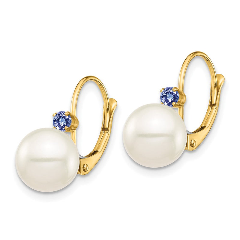 14K Yellow Gold 8 8.5mm White Round Freshwater Cultured Pearl And .14Tz Tanzanite Leverback Earrings