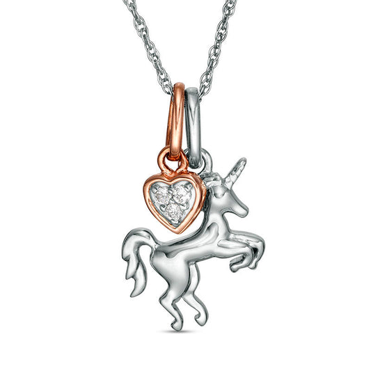 0.05 CT. T.W. Natural Diamond Unicorn and Heart Charms Pendant in Sterling Silver and 10K Rose Gold