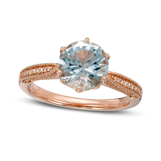 8.0mm Aquamarine and 0.20 CT. T.W. Natural Diamond Antique Vintage-Style Ring in Solid 14K Rose Gold - Size 7