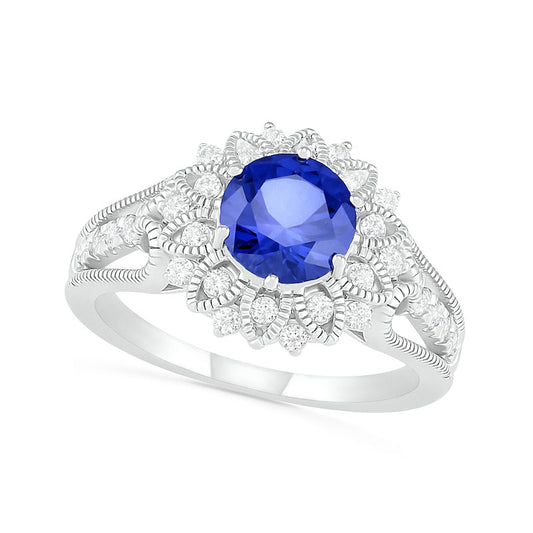 7.0mm Lab-Created Blue and White Sapphire Frame Triple Row Split Shank Antique Vintage-Style Flower Ring in Sterling Silver