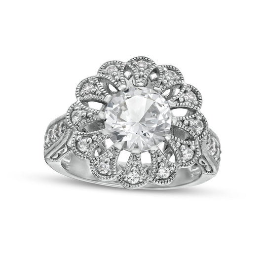 8.0mm White Lab-Created Sapphire Frame Antique Vintage-Style Flower Ring in Sterling Silver
