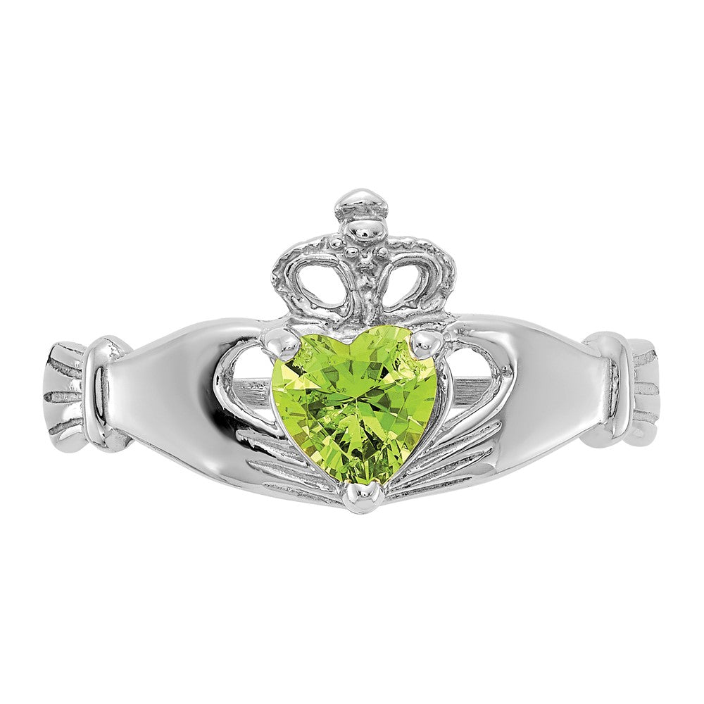 14k White Gold CZ August Birthstone Claddagh Heart Ring