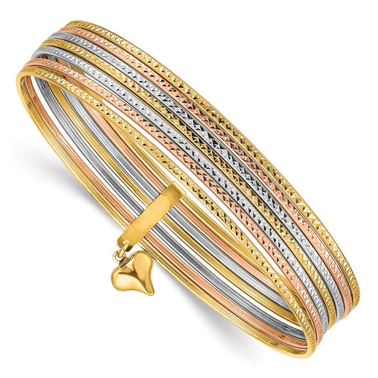 14k Tri-Color Gold w/Dangle Heart Tri-Color Gold Oversized Set of 7 Textured Slip-on Bangles