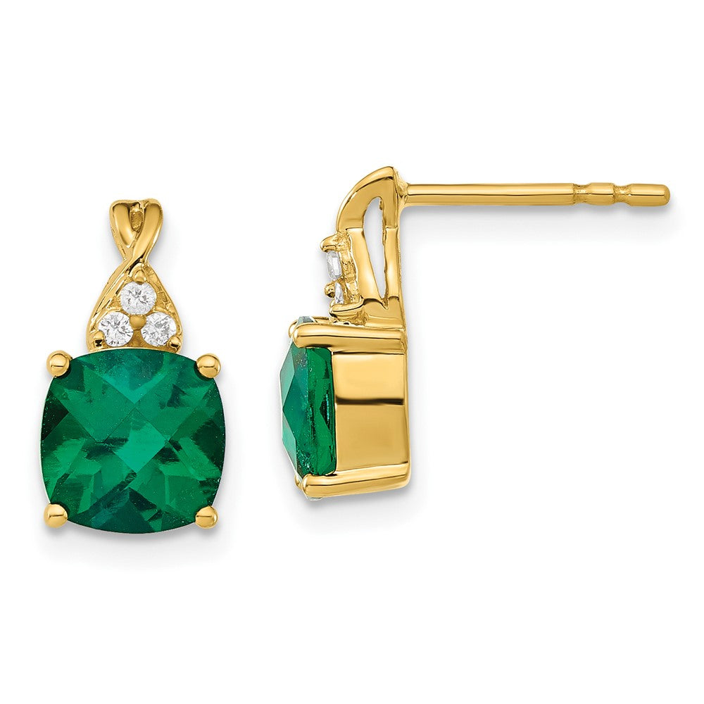 14k Yellow Gold Checkerboard Created Emerald and Real Diamond Earrings EM4393-CEM-006-YA