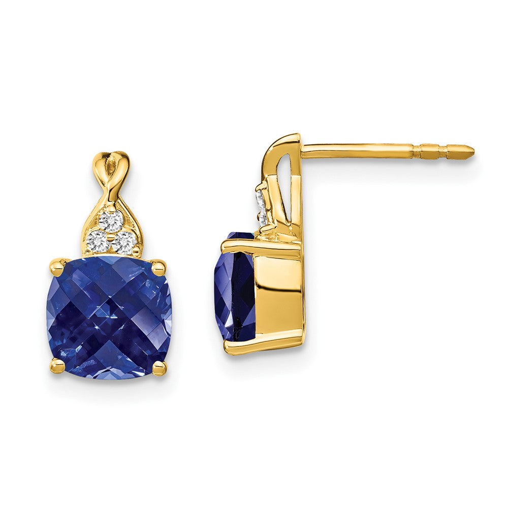 14k Yellow Gold Checkerboard Created Sapphire and Real Diamond Earrings EM4393-CSA-006-YA