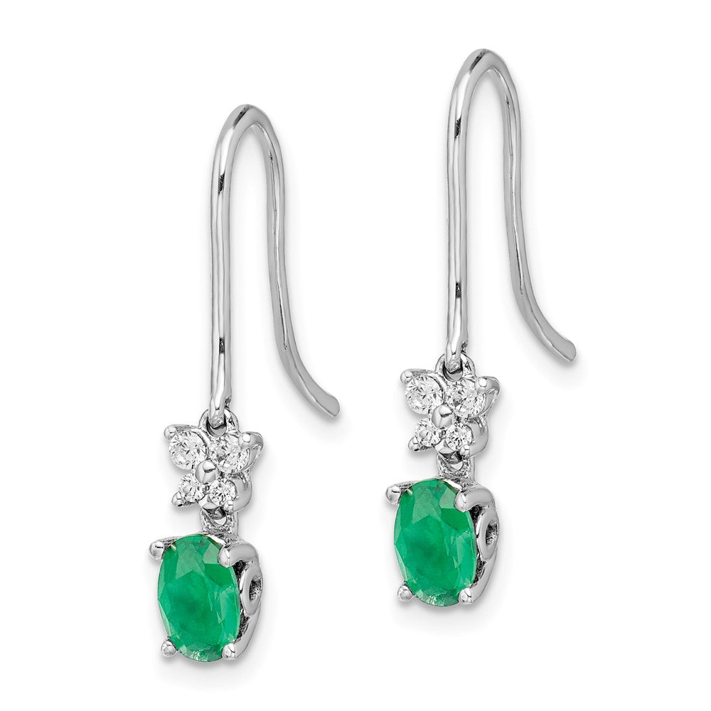 14k White Gold 1/8ct Real Diamond and Oval Emerald Dangle Earrings EM5600-EM-013-WA