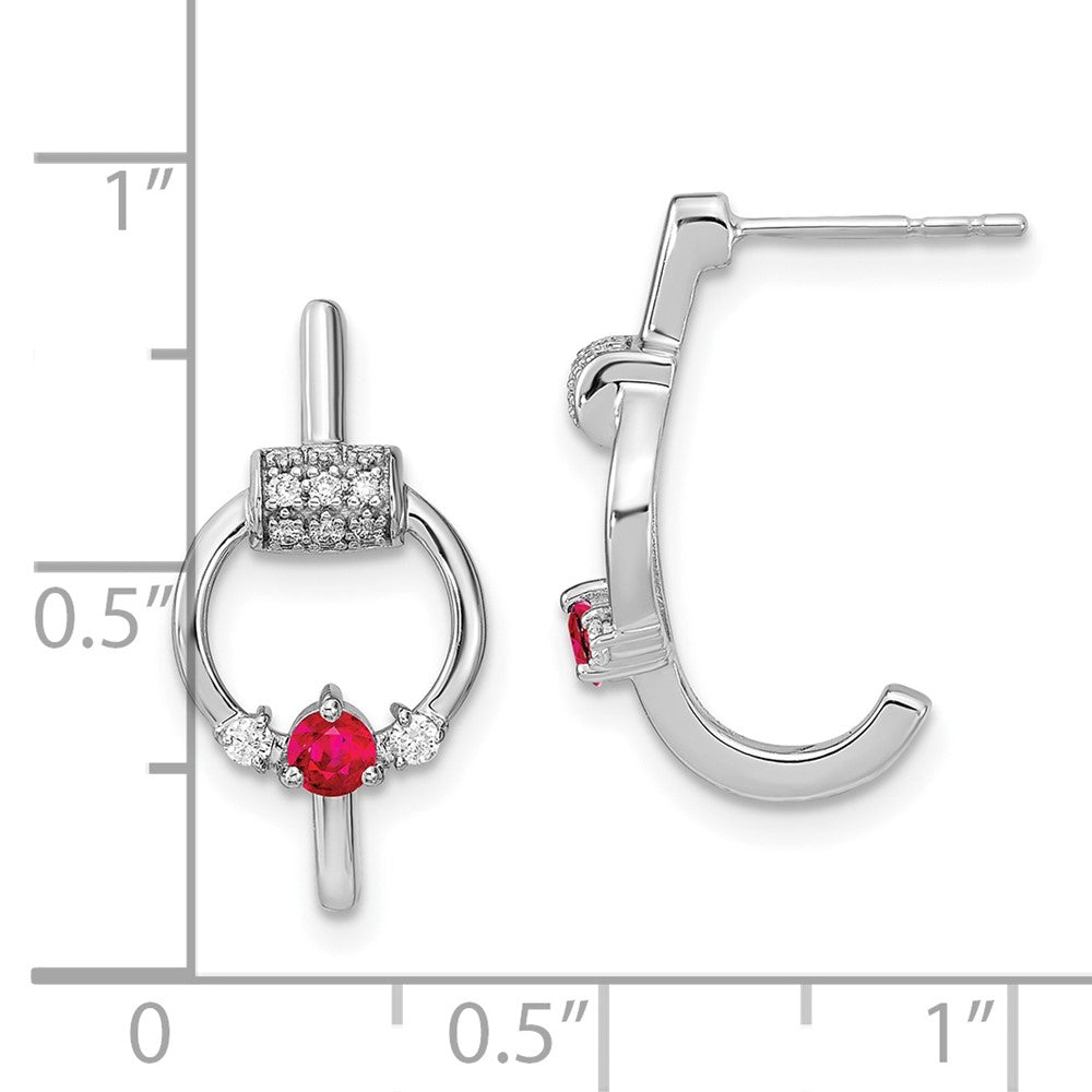 14k White Polished Real Diamond and Ruby Circle J-hoop Earrings EM6887-RU-015-WA