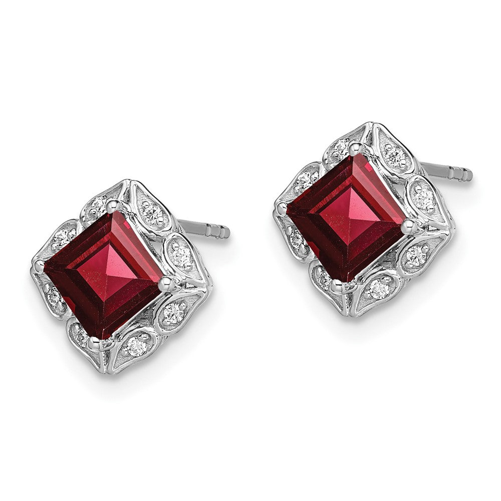 14k White Gold Square Garnet and Real Diamond Earrings EM7082-GA-008-WA