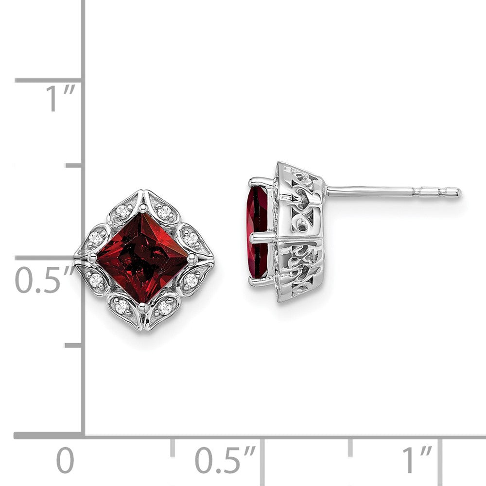 14k White Gold Square Garnet and Real Diamond Earrings EM7082-GA-008-WA