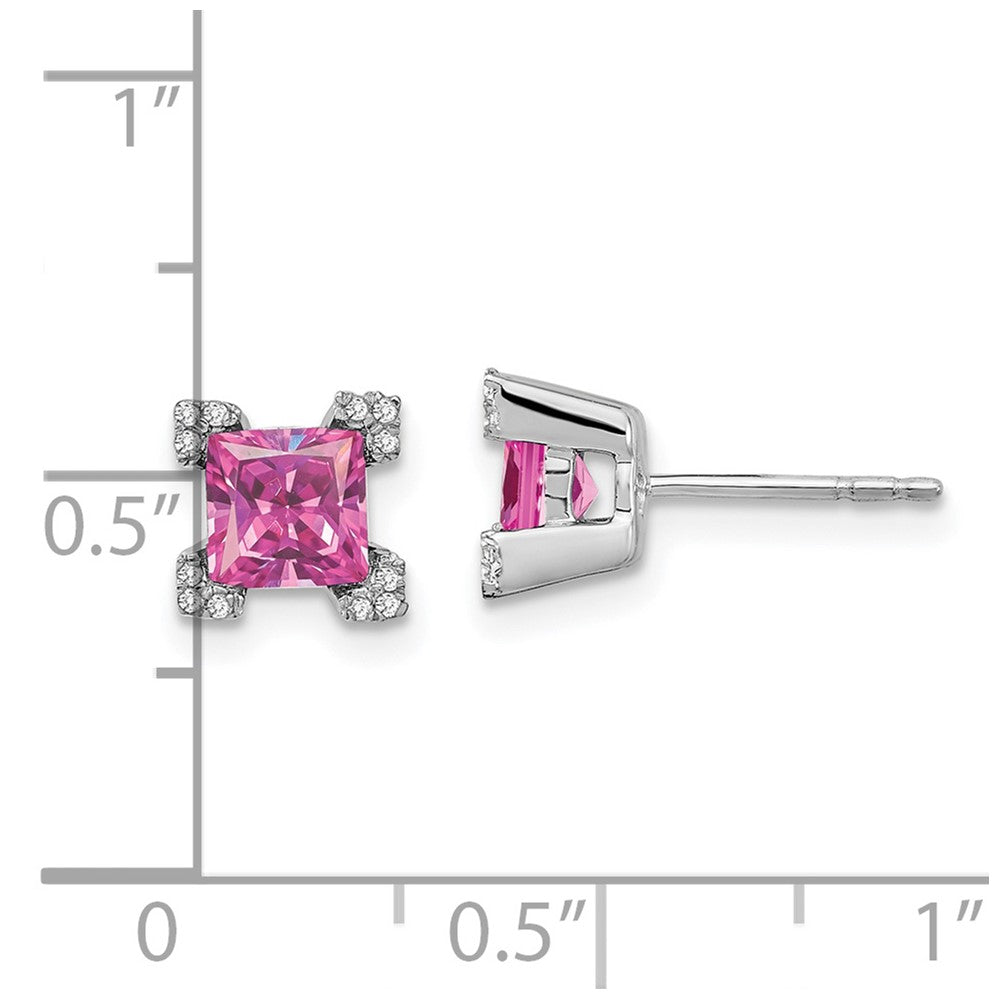 14k White Gold Square Created Pink Sapphire and Real Diamond Earrings EM7103-CPS-007-WA
