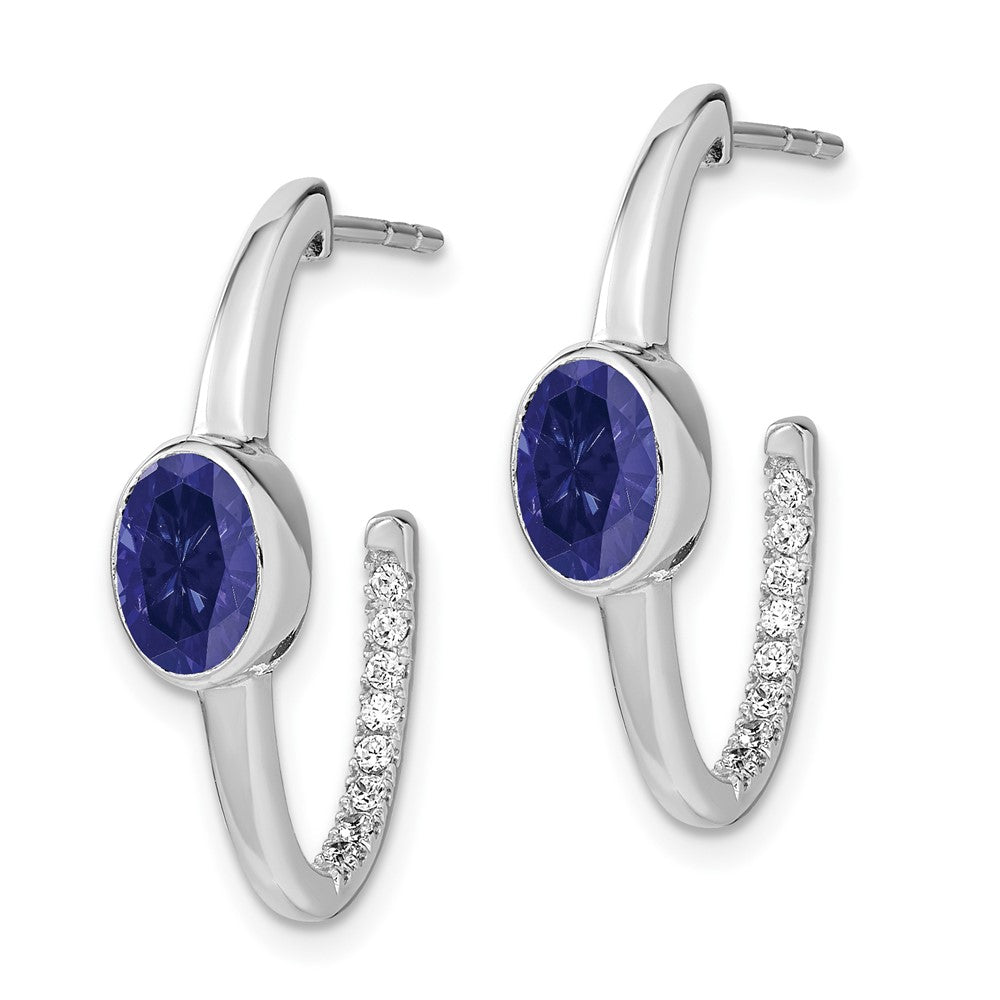 14k White Gold Oval Created Sapphire and Real Diamond J-Hoop Earrings EM7214-SA-018-WA