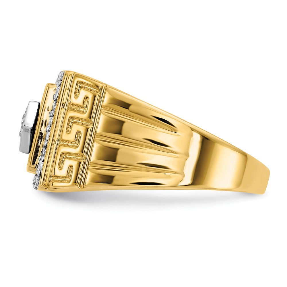 14K Yellow Gold Onyx and Real Diamond Greek Key Design Mens Ring