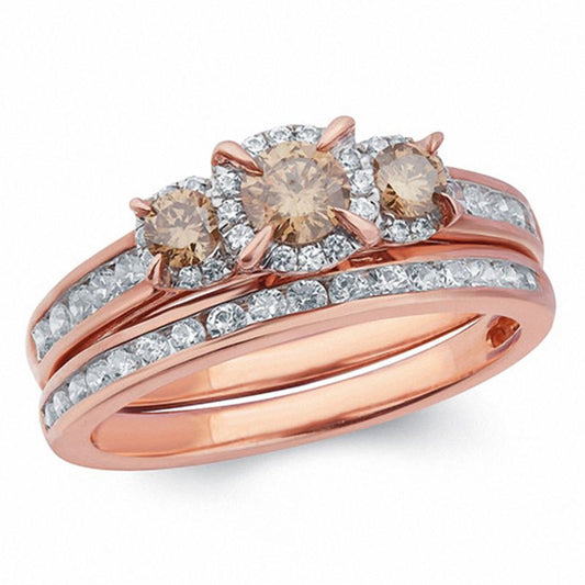1 CT. T.W. Champagne and White Diamond Frame Three Stone Bridal Engagement Ring Set in 14K Rose Gold