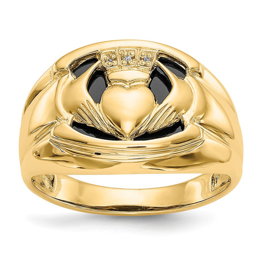 14K Yellow Gold Natural Diamond & Black Onyx Men's Claddagh Band Ring - Irish Celtic Fine Jewelry