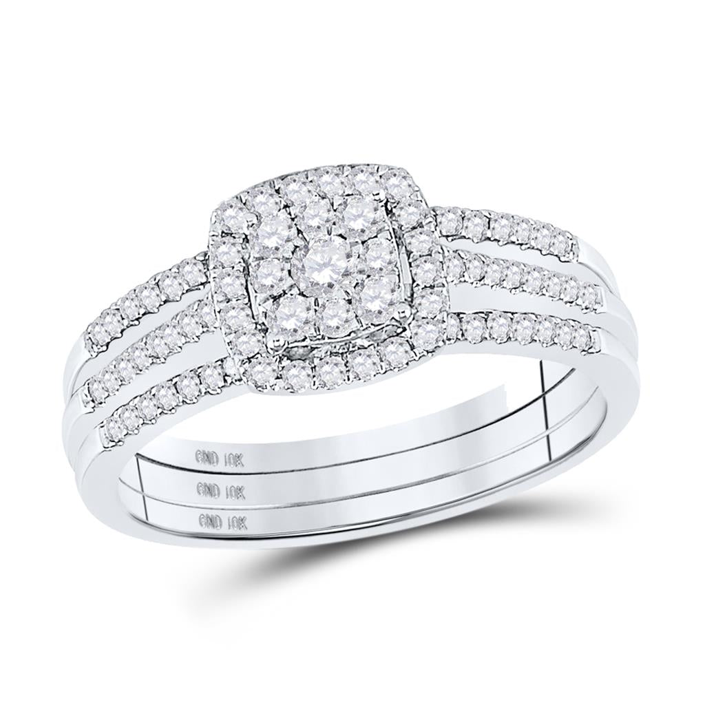 14k White Gold Round Diamond 3-Piece Bridal Wedding Ring Set 1/2 Cttw