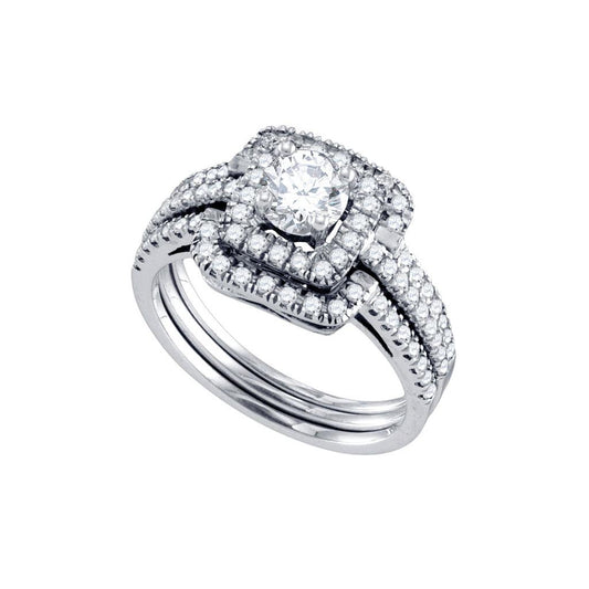 14k White Gold Round Diamond 3-Piece Bridal Wedding Ring Set 1 Cttw