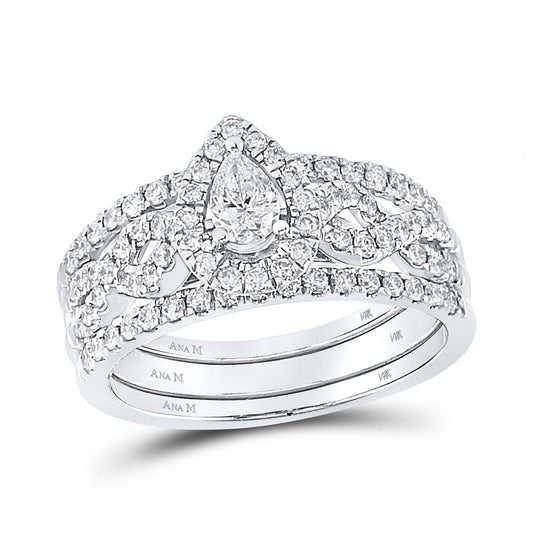 14k White Gold Pear Diamond 3-Piece Bridal Wedding Ring Set 7/8 Cttw (Certified)