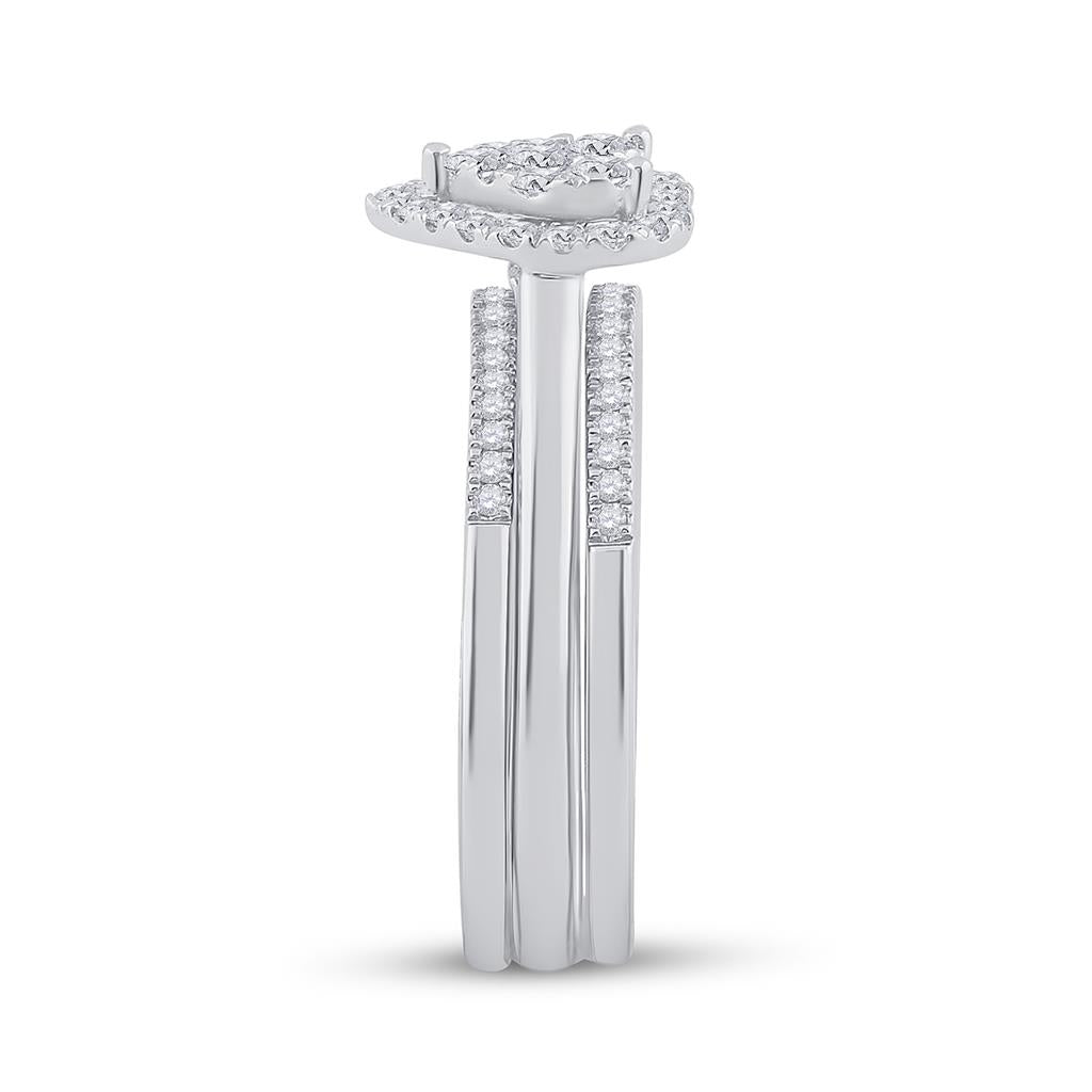 14k White Gold Diamond Heart 3-Piece Bridal Wedding Ring Set 1/2 Cttw
