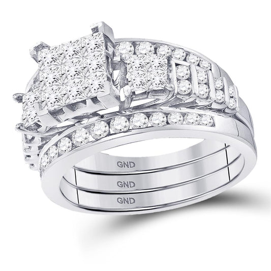 14k White Gold Princess Diamond 3-Piece Bridal Wedding Ring Set 1-1/2 Cttw